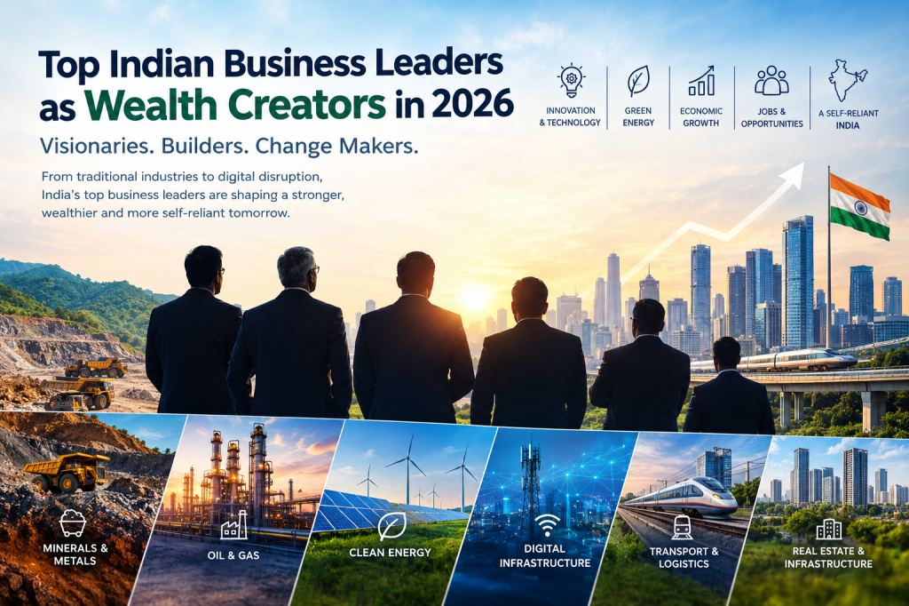 Top Indian business leaders as wealth creators in 2026, representing innovation, infrastructure, green energy and economic growth in India.